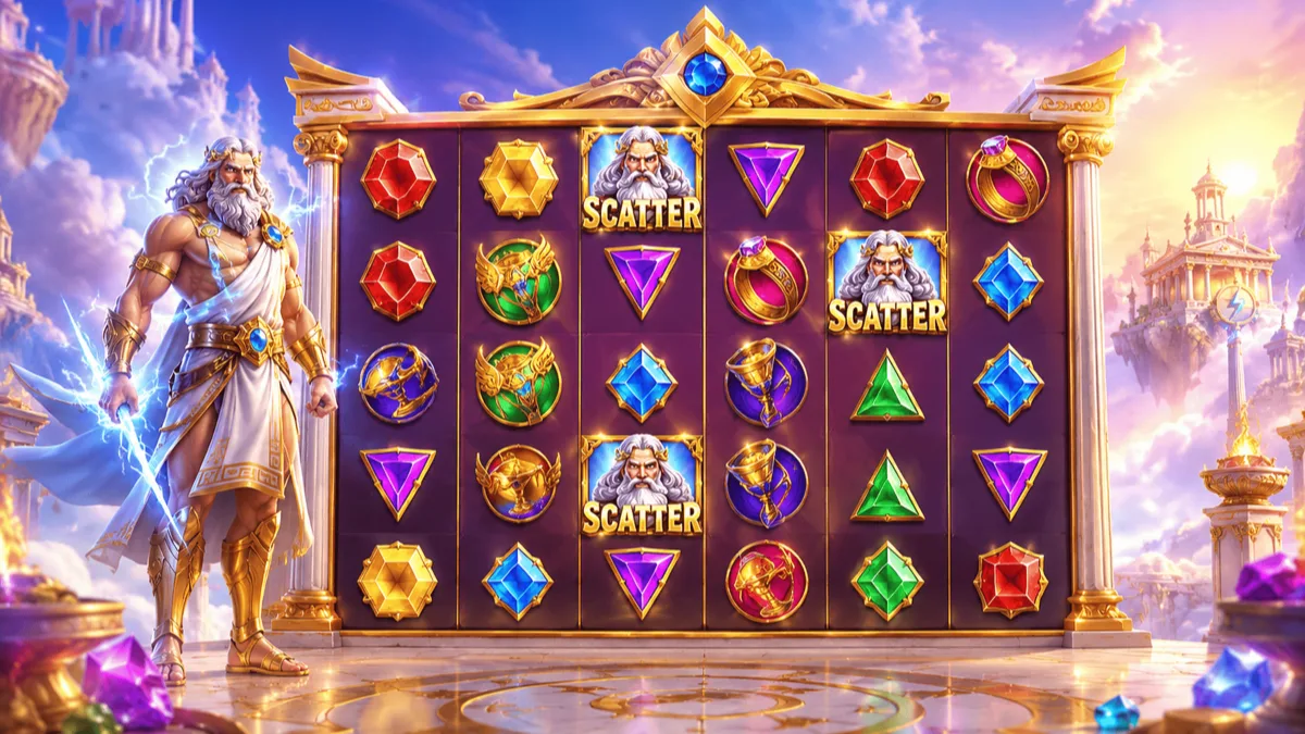 The Gates of Olympus Super Scatter reels with Zeus above the grid
